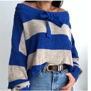 Free People Cassidy Slouchy Off Shoulder Sweater S Cotton Linen Blue Striped NWT